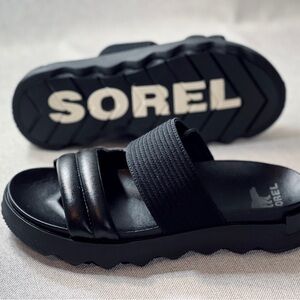 SOREL Viibe™ Slide Black Leather Platform Sandal